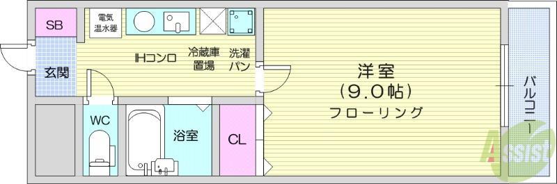 仙台市地下鉄東西線 六丁の目駅 徒歩4分 4階建 築35年(1K/2階)の間取り写真