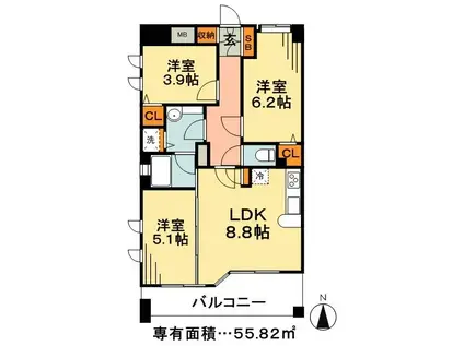 プラザハウス(3DK/8階)の間取り写真