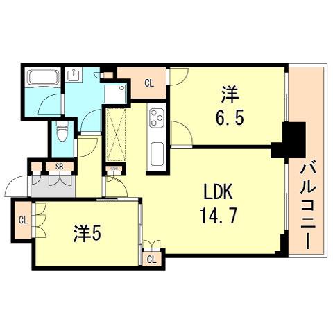 シティタワー神戸三宮(2LDK/50階)の間取り写真