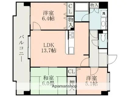 ファーストグランド水前寺II(3LDK/6階)の間取り写真
