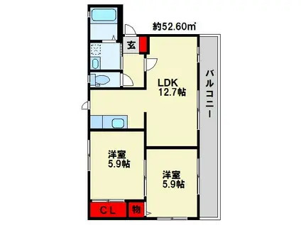 グリンヴェルB棟(2LDK/1階)の間取り写真