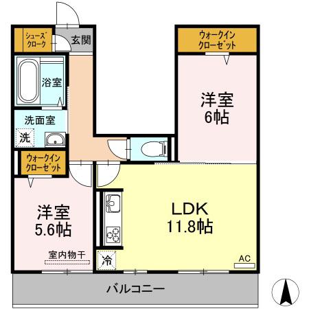 ルピナス高屋(2LDK/2階)の間取り写真