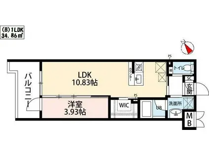ウィングス城野駅前(1LDK/7階)の間取り写真