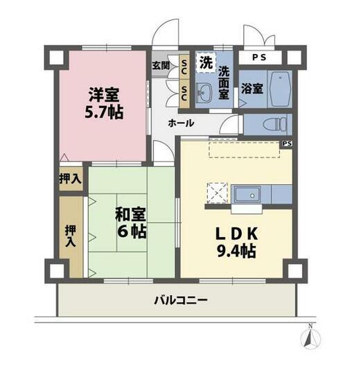 ハピネス本町(2LDK/4階)の間取り写真