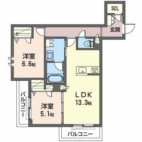 シャーメゾン ソラ(2LDK/2階)の間取り写真