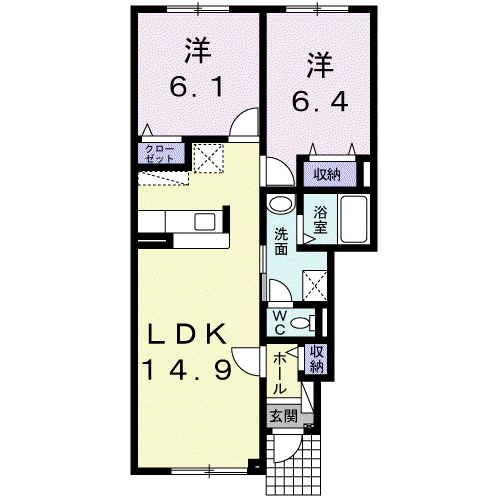 滝川市本町5丁目2LDKアパート(2LDK/1階)の間取り写真