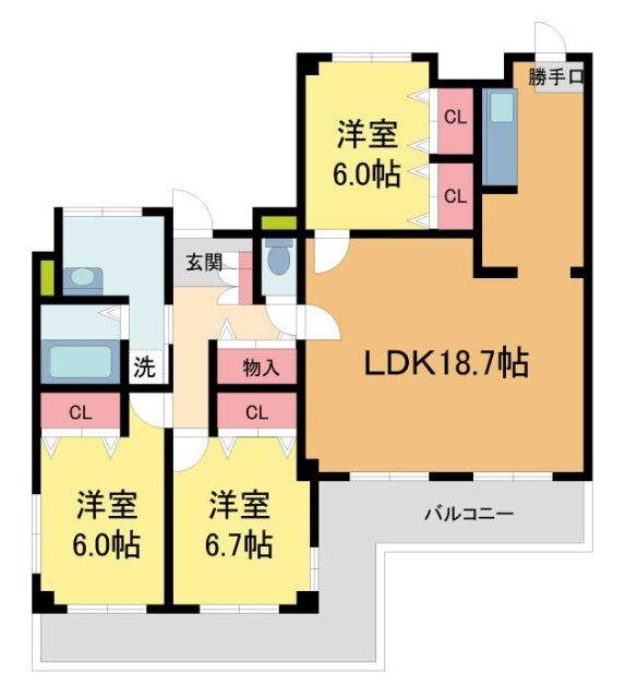 ヴァンヴェール夙川(3LDK/3階)の間取り写真