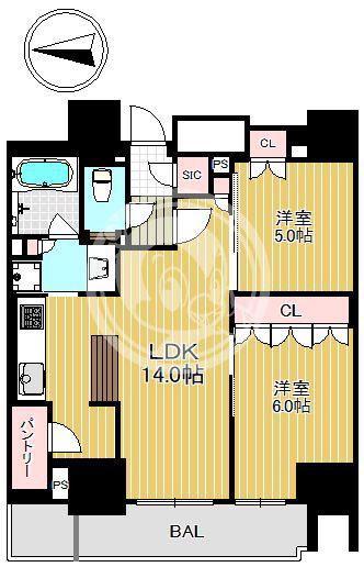 プレミストタワー靭本町(2LDK/8階)の間取り写真