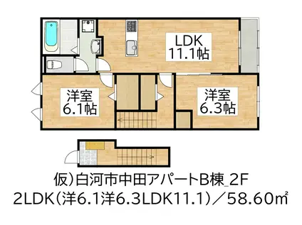 白河市中田アパートB棟(2LDK/2階)の間取り写真