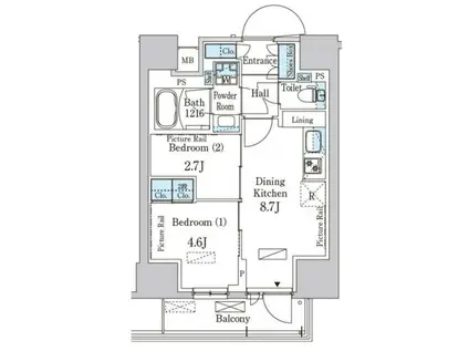 パークアクシス入谷(2DK/7階)の間取り写真