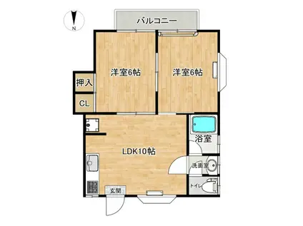 権常寺ハイツA棟(2LDK/2階)の間取り写真