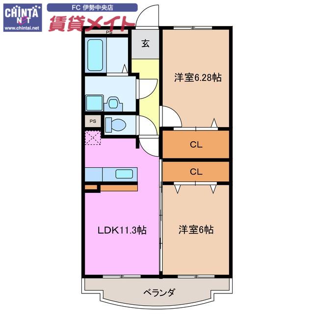 近鉄山田線 伊勢市駅 徒歩20分 3階建 築19年(2LDK/2階)の間取り写真
