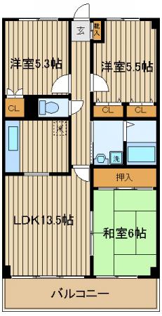 グランデール武蔵野(3LDK/3階)の間取り写真
