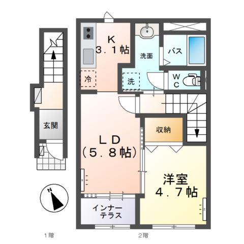水戸市大塚町字糀内 アパート(1LDK/2階)の間取り写真