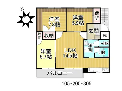 CUORE新町(3LDK/1階)の間取り写真