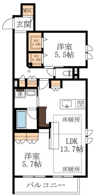 AF クロエ ウエスト(2LDK/2階)の間取り写真