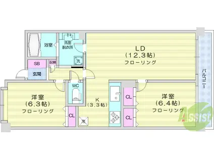 東仙台六番館(2LDK/6階)の間取り写真