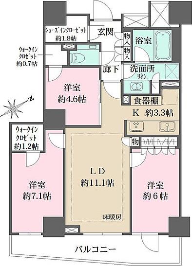 ザ・パークハウス三田ガーデン レジデンス&タワー タワー棟(3LDK/3階)の間取り写真