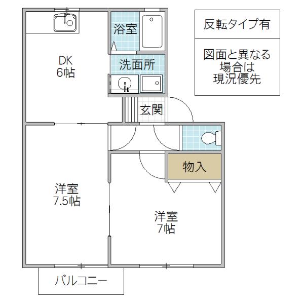 シャトーボヌールA棟(2DK/1階)の間取り写真