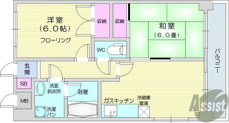 ペルシティ新富(2DK/6階)の間取り写真