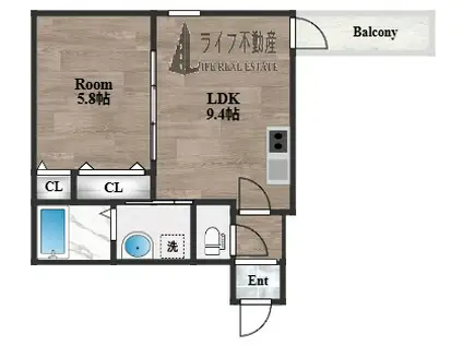 フジパレス瓜生堂V(1LDK/1階)の間取り写真