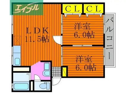 シャンポールききょう B棟(2LDK/2階)の間取り写真