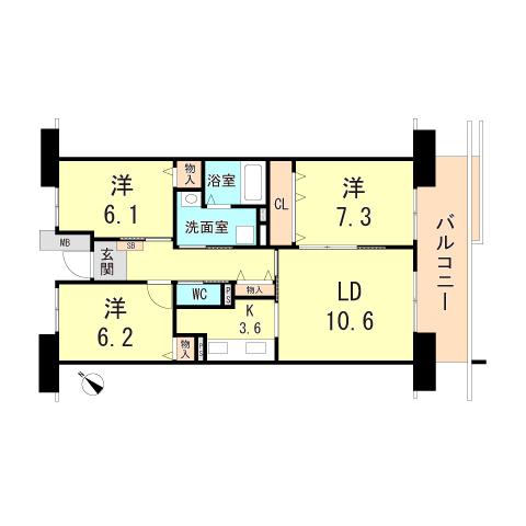 県営伊川谷第2高層1号棟(3LDK/8階)の間取り写真