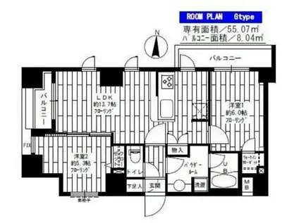 グランドコンシェルジュ錦糸町アジールコート(2LDK/9階)の間取り写真