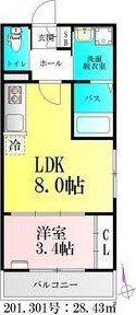 BAU北仙台(1LDK/2階)の間取り写真