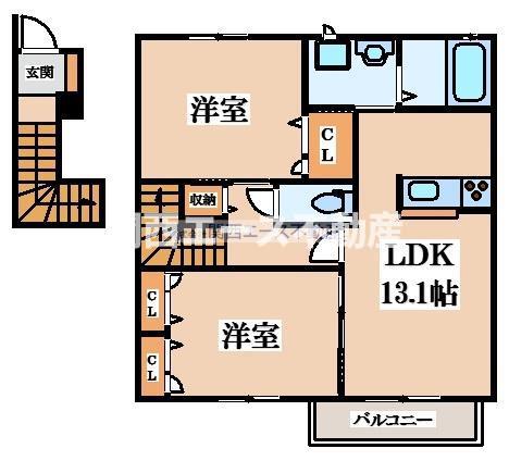シャーメゾン稲田本町B(2LDK/2階)の間取り写真
