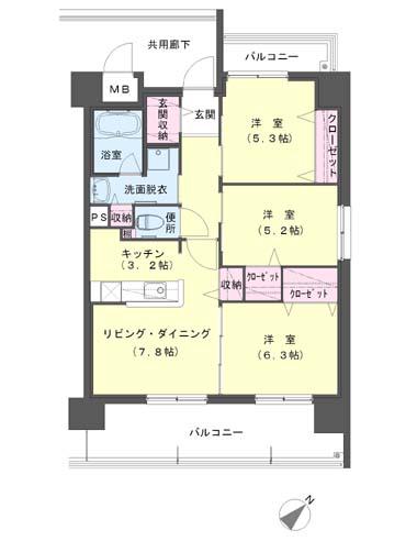 クラシオン小頭公園前(3LDK/13階)の間取り写真