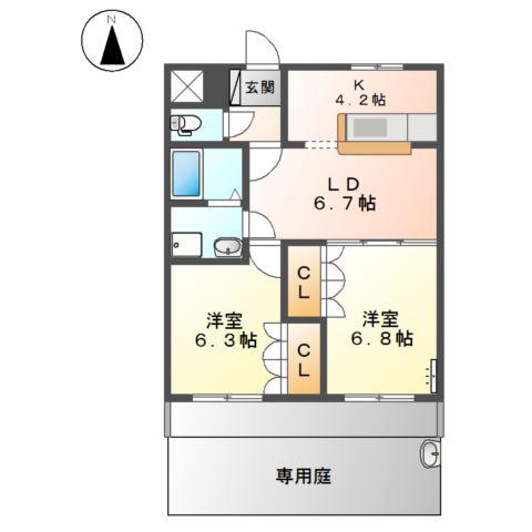ロイヤル ラ ファミーユA棟(2LDK/1階)の間取り写真