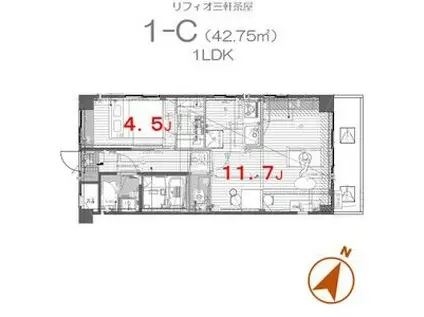 リフィオ三軒茶屋(1LDK/1階)の間取り写真