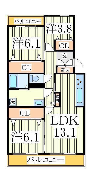 テレパレス柏てるて 南街区 1号棟(3LDK/1階)の間取り写真