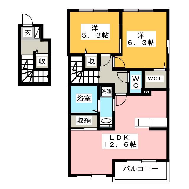 リュ クレール B棟(2LDK/2階)の間取り写真