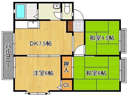 サンビレッジ横代B棟(3DK/1階)の間取り写真