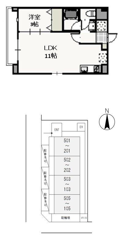 フォンティーヌ弓之町(1LDK/1階)の間取り写真