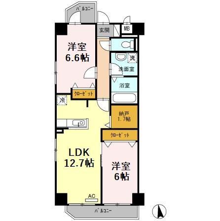 ハピネス車道(2LDK/8階)の間取り写真