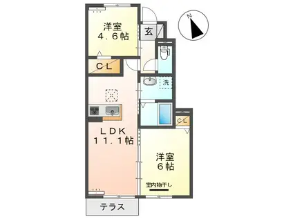 プリムヴェール大内 D棟(2LDK/1階)の間取り写真