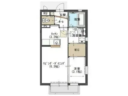 グラン・フィールド B(1SK/1階)の間取り写真