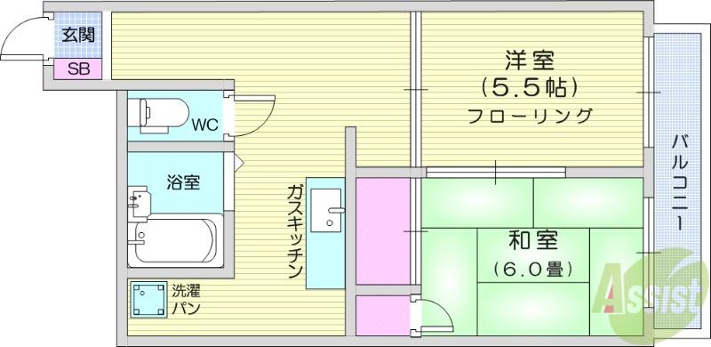 仙台リバーサイドプラザ(2DK/6階)の間取り写真