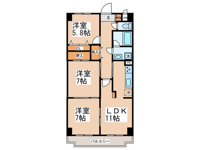 グランドヒル高橋(3LDK/3階)の間取り写真