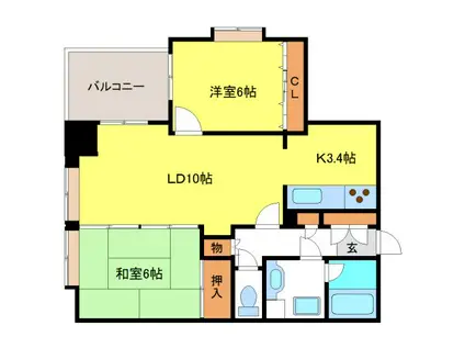 ジェネラスマンション医大前(2LDK/3階)の間取り写真