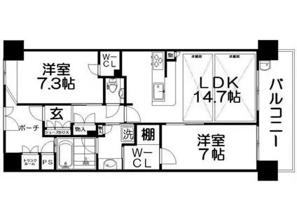 ヒルズシティ枚方公園(2LDK/2階)の間取り写真