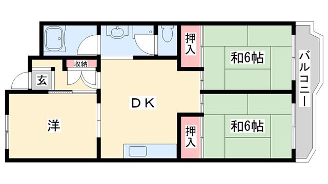 播磨城の宮1号棟(3DK/3階)の間取り写真