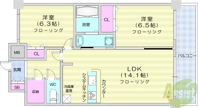 ロージェ泉中央(2LDK/12階)の間取り写真