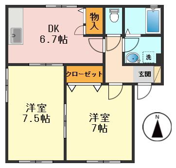 アトリエ鎌倉(2DK/1階)の間取り写真