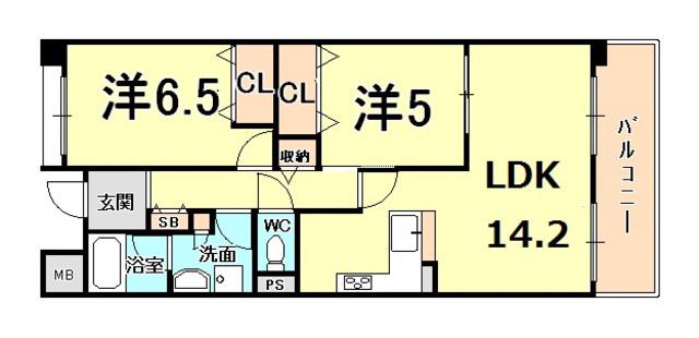甲子園六石町ハイツ(2LDK/5階)の間取り写真
