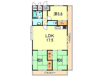 ピュアハイツ高丸第二(3LDK/6階)の間取り写真