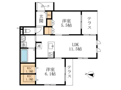 TERRACE SQUARE 国立(2LDK/1階)の間取り写真